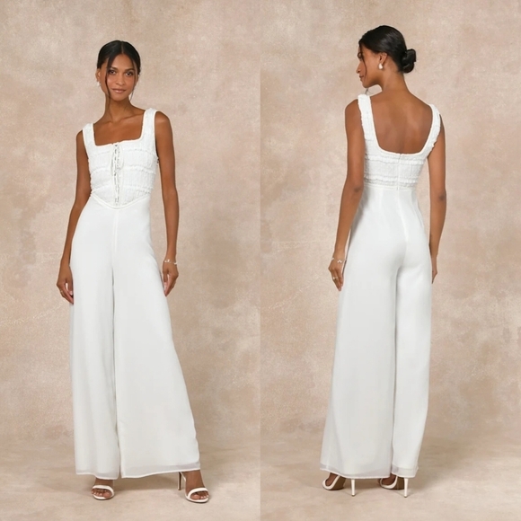 Lulus Majorly Iconic White Swiss Dot Ruffled Lace-Up Jumpsuit S Wedding Party